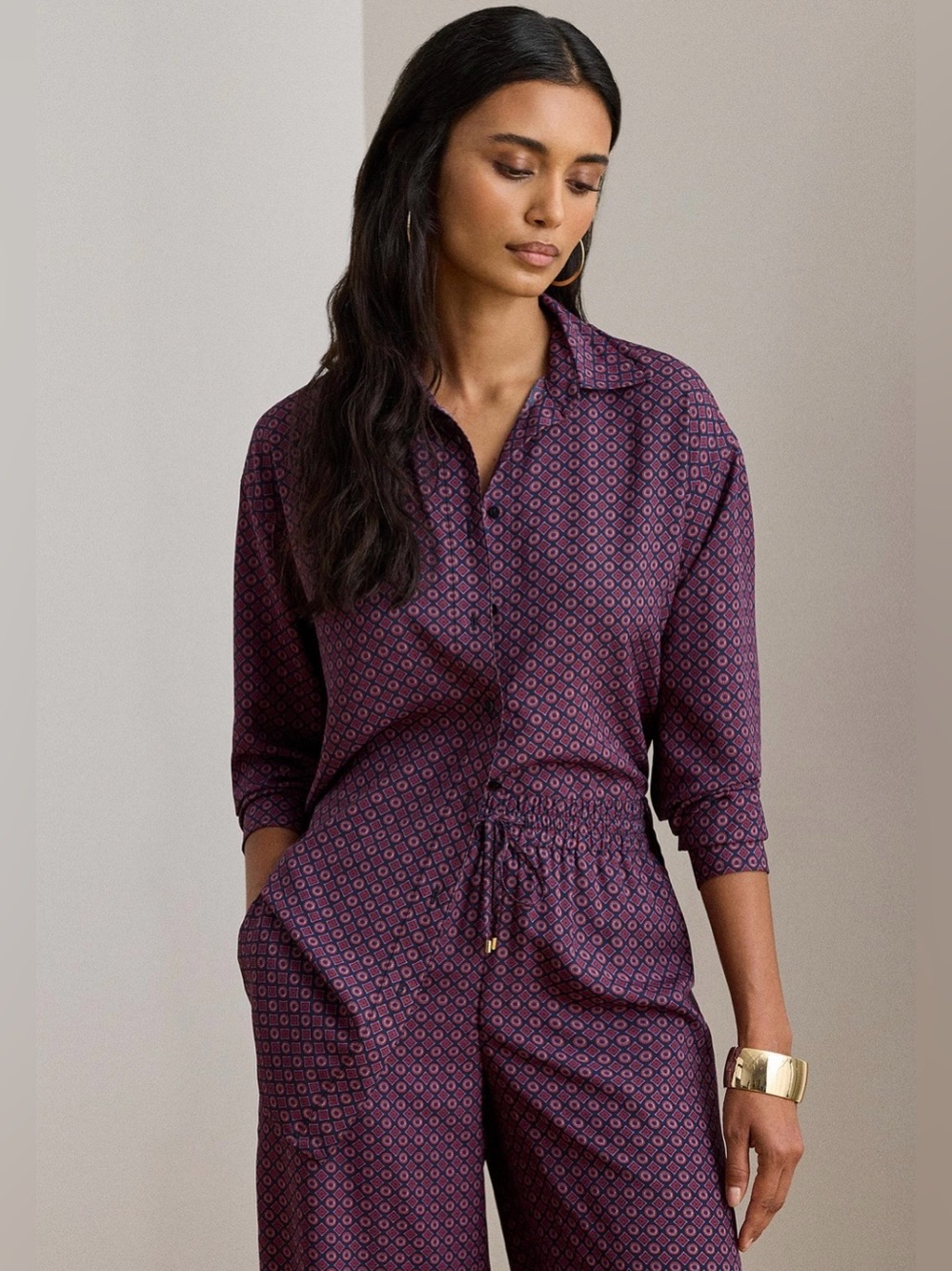 Purple Geometric Button-Up pants suit